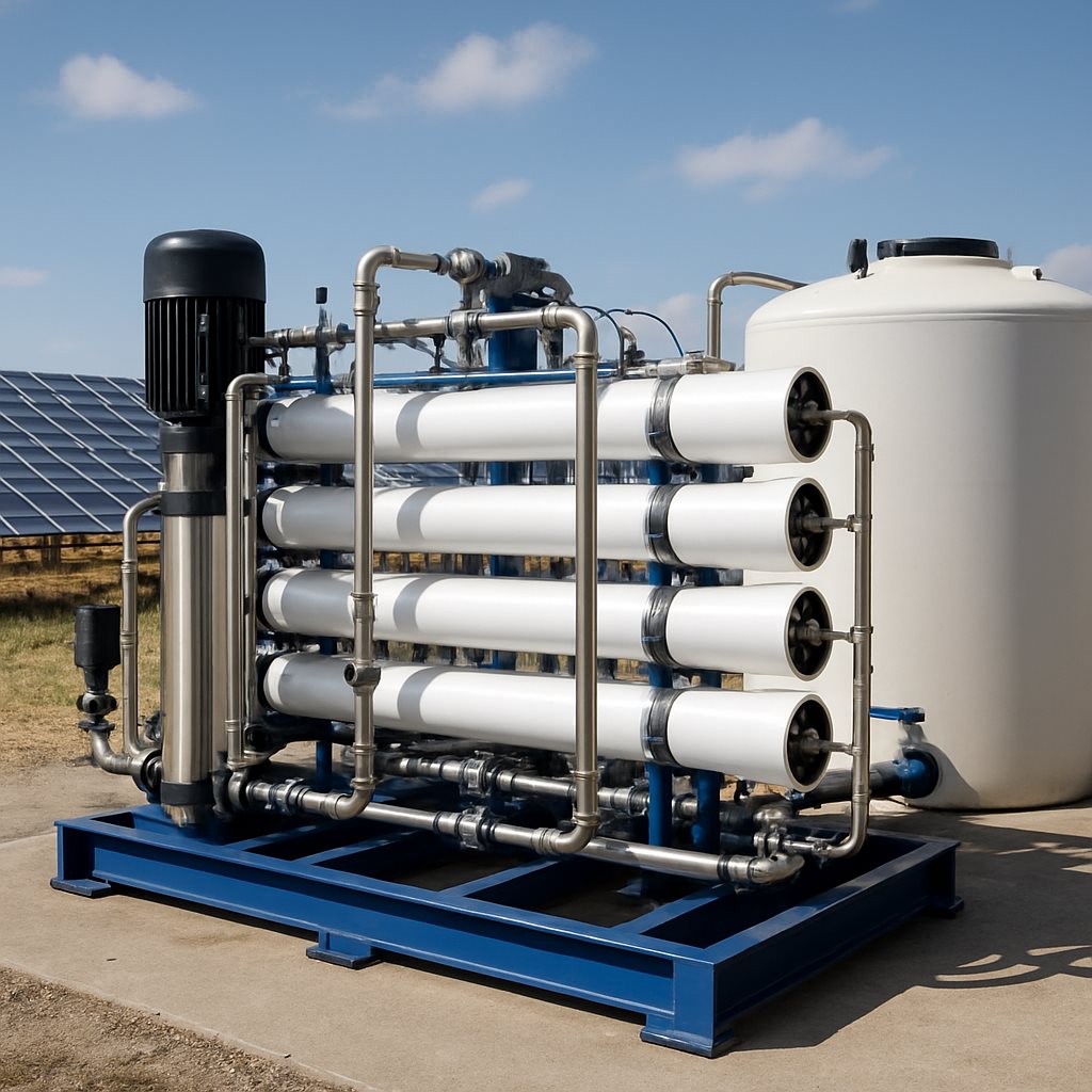 Reverse osmosis water treatment unit supplying solar panel cleaning water