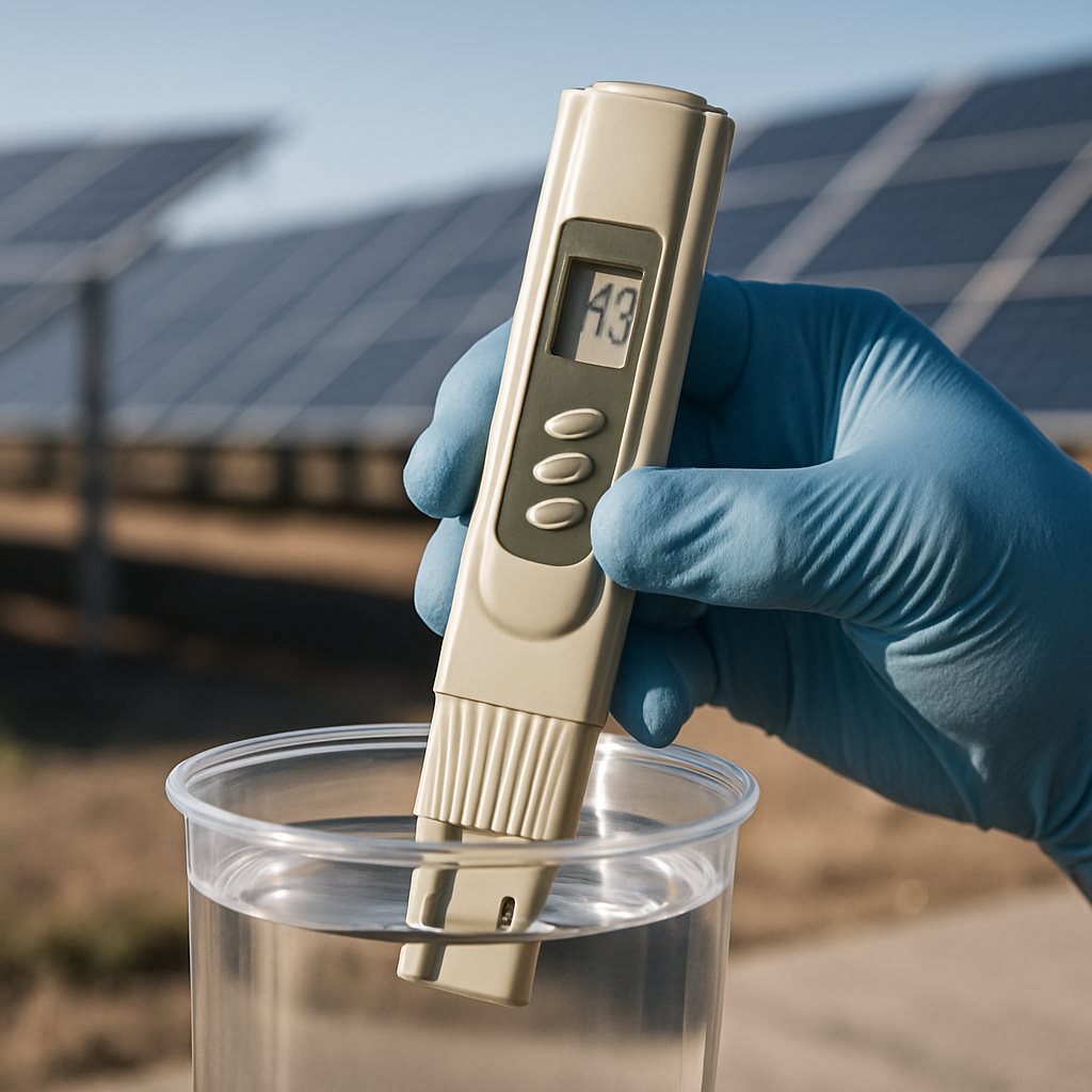 TDS meter measuring water quality for solar panel cleaning